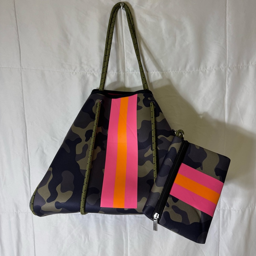 Parker & Hyde Camo Neoprene Tote Bag Pink Orange Stripe w Matching Pouch